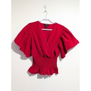 Ashley Stewart Blouse Womens 14/16 Red  Smocked Flutter Sleeve Wrap Top